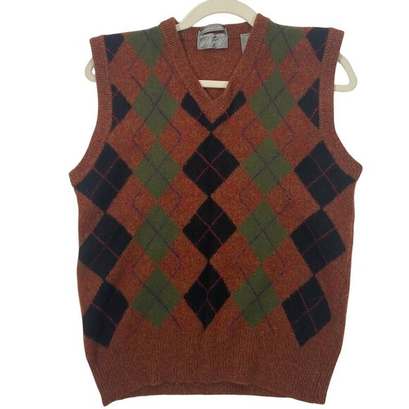 Vintage Lambswool Argyle Sweater Vest rust Orange Green L Kensington Collection - Picture 1 of 7